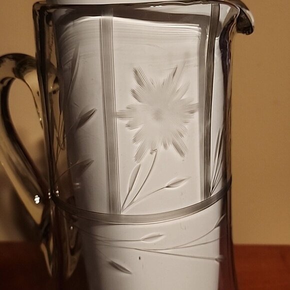 Vintage Glass Clear Pitcher Floral etched Silver Accent Heavy - Picture 3 of 12